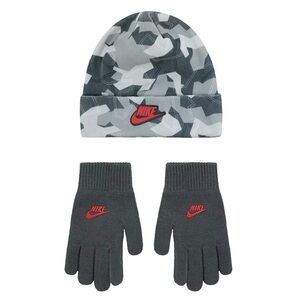 NWT Nike Gray Camo Printed Beanie Hat and Gloves Set, Youth Boys 8-20